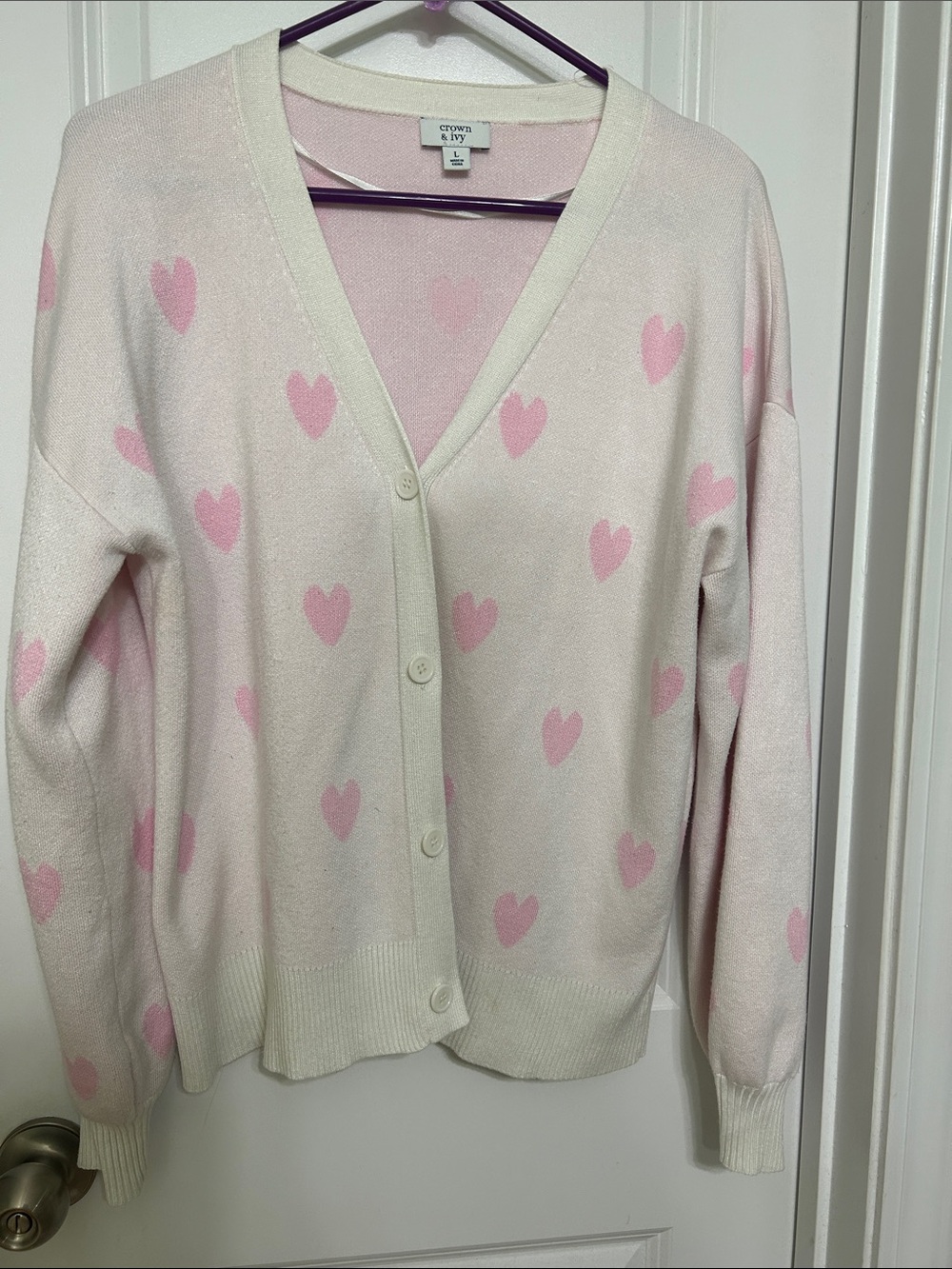 crown & ivy Cream Cardigan with Pink Heart Print